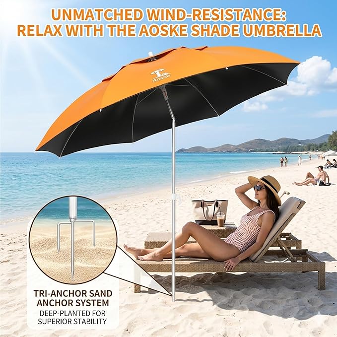7ft Beach Umbrella, Portable Wind Beach Umbrellas for Sand with Anchor and Carrying Bag, UPF50+ UV Protection Outdoor Sunshade Umbrella,Tilt Sun Shelter for Beach Patio Backyard