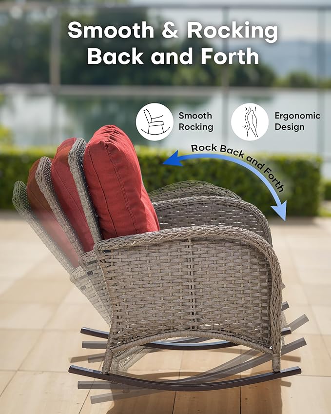 Outdoor Rocking Chairs Set of 2-Patio Table and Chairs Set Outdoor Conversation Furniture Sets for Deck Porch Garden Balcony Poolside-Grey/Red