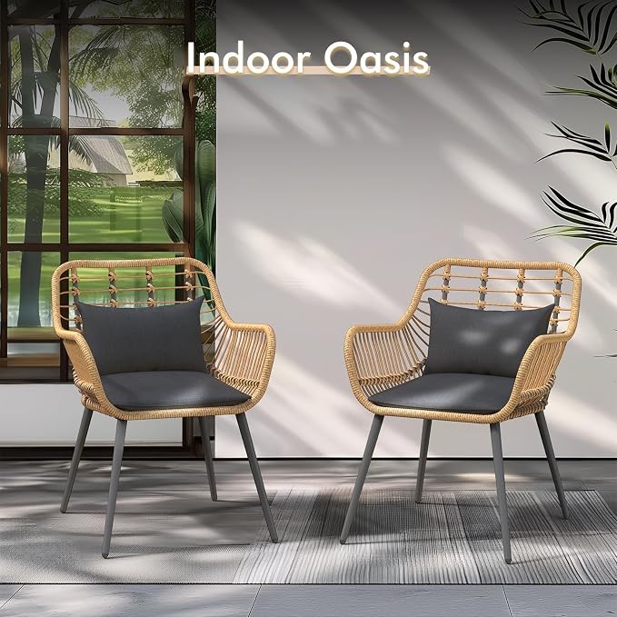 JOIVI 2 PCS Outdoor Patio Chairs, Wicker Dining Chairs with Armrest, Black | Set of 2, All-Weather Outdoor Seating with Iron Frame, w/Seat Cushions, Balcony Furniture for Apartments, Porch, Backyard
