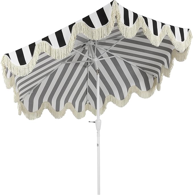 JONATHAN Y UMB1001 Collins 9 ft. Classic Cottage Tassel Market Patio Umbrella with Auto-Tilt, Crank, Wind Vent and UV Protection