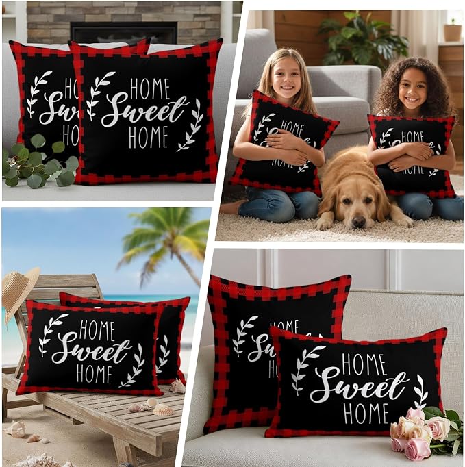 Home Sweet Home Waterproof Outdoor Pillow Covers Set of 2 Home Decor, Leaves Red Buffalo Plaid Lumbar Pillowcase Patio Pillow Covers for Couch Bench Patio Furniture Garden 20x12in