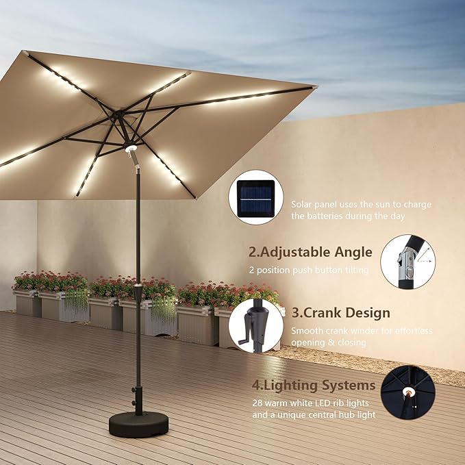 C-Hopetree Rectangular Outdoor Patio Market Umbrella with Solar LED Lights 6.5 x 10 ft