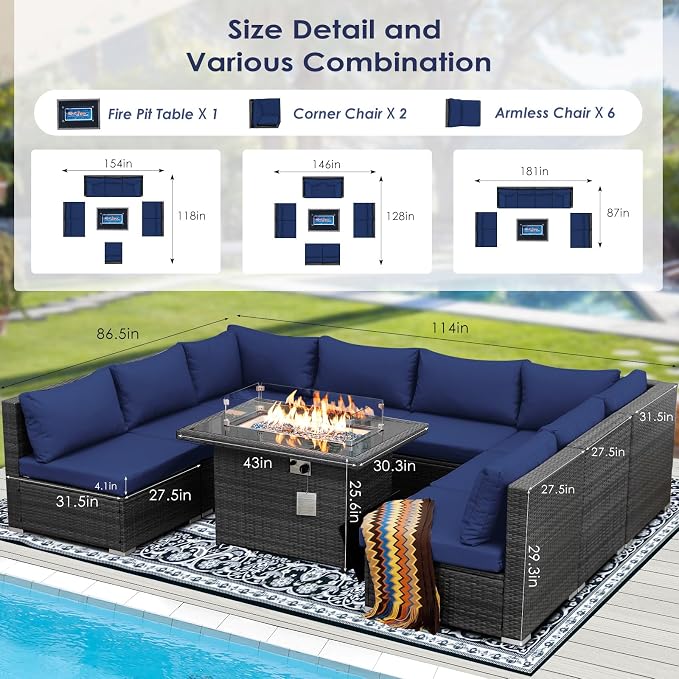 BULEXYARD 9 Pieces Highback Wicker Patio Furniture Set with Firepit, High Weight Capacity Outdoor Sectional Couch Sofa 8-Seater Modular, Plus Comfortable Wide Deep Deck Seating Group, Grey & Navy Blue