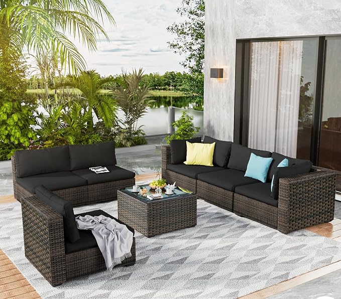 7 Pieces Outdoor Patio Furniture Set Wicker Sectional Sofa with Cushions & Tea Table Patio Rattan Conversation Chair Sofa Set Black