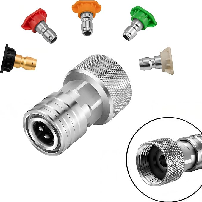 High Pressure Washer Adapter 3/4" GHT Female to 1/4" Quick Connect, Stainless Steel Pressure Washer Quick Release Fitting for Garden Hose, Power Washer Nozzles & Accessories (Connector +5 Nozzle Set)