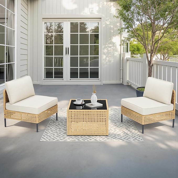 Belord Patio Conversation Sets 3-Piece, Boho Outdoor Furniture with Waterproof Cushions & Table, Wicker Patio Furniture for Porch, Balcony