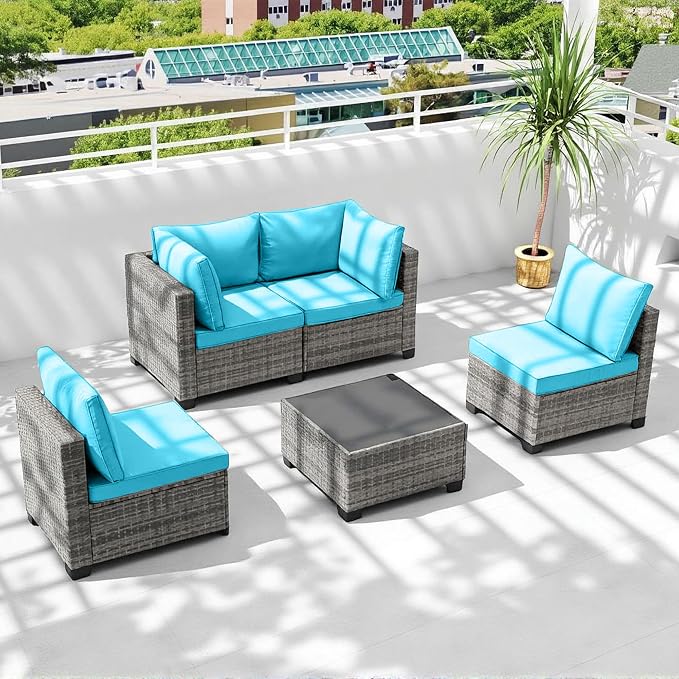 5-Piece Outdoor Patio Furniture Set, Gray PE Rattan Sectional Sofa with Turquoise Cushions and Steel Frame, Coffee Table Included, Modular Outdoor Conversation Set for Patio Garden Poolside