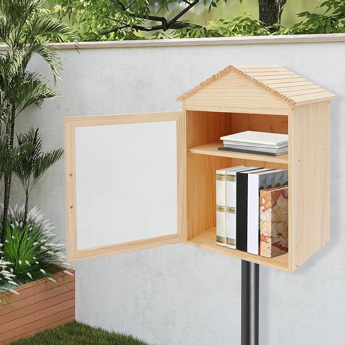 Outdoor Library Box, 15.74x11x23inch Wood Literature Exchange Box DIY Little Wood Cabinet with Shelf for Outside Neighborhoods Community and Schools Sharing Books Literature (Gable Roof)