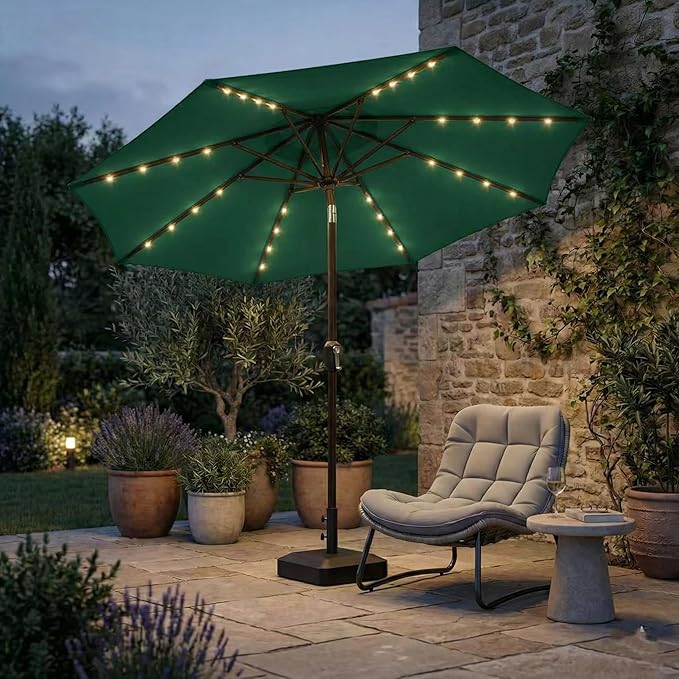 Kingdura 9FT Outdoor Patio Umbrella with Solar Lights, Market Table Umbrella with Push Button Tilt & Crank, 8 Sturdy Ribs, 32 LED Lights, UV Protection for Garden Lawn Deck Backyard Pool (Dark green)