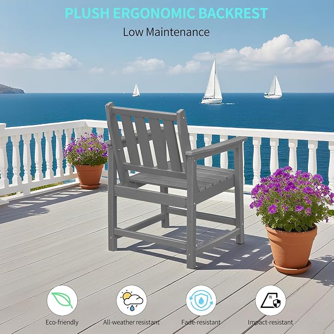 Outdoor Patio Chair, All-Weather HDPE Outdoor Furniture Chairs with Armrest and Backrest, 300 LBS Support Garden Patio Dining Chair for Poolside, Deck and Porch, Grey