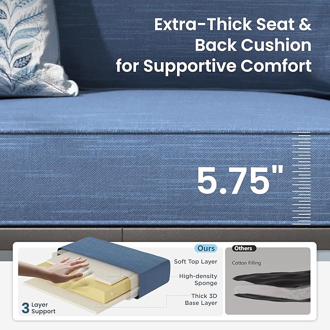 PHI VILLA Patio Furniture Set, 3-Seater Sofa, 4 Rocking Chairs and a Coffee Table, Outdoor Metal Conversation Set with 5.75" Extra Thick Cushion for Garden Backyard Deck, Navy