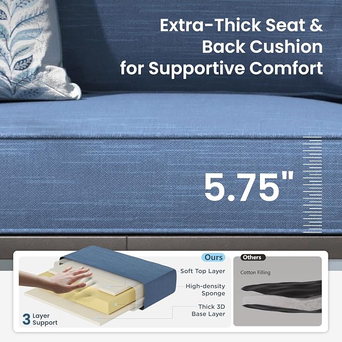 PHI VILLA Patio Furniture Set, 1 Loveseat, 3-Seater Sofa, 2 Swivel Chairs and a Coffee Table, Outdoor Metal Conversation Set with 5.75" Extra Thick Cushion for Garden Backyard Deck, Navy