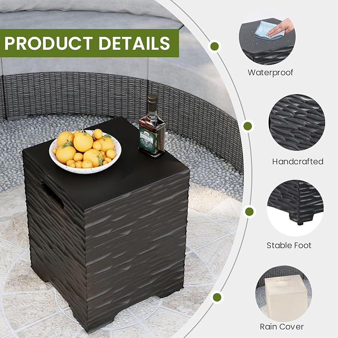 COSIEST Outdoor Propane Tank Cover Table with Wave Design, 16 inch Outside Hideaway Tank Table, Hides Standard 20lb Tank, Black