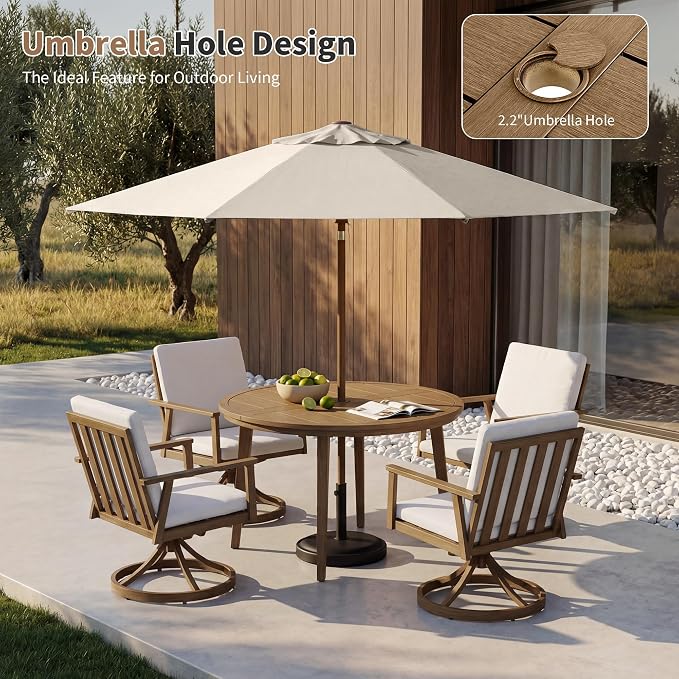 41" All-Aluminum Round Outdoor Dining Table, Modern Faux Wood Grain Patio Table with Umbrella Hole, Rust-Resistant Metal Dining Table for Garden, Backyard, Poolside & Lawn, Teak