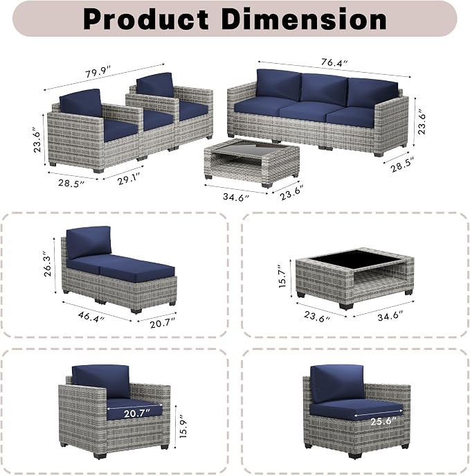 Patio Furniture Set, 7-Piece Outdoor Sectional Couch with Coffee Table & Thick Cushions, Outdoor Wicker Conversation Set for Backyard, Poolside, Garden (Grey White-Navy, 7 Piece-Double)