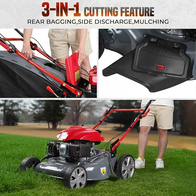 3-in-1 Gas Lawn Mower, 173CC Self Propelled Lawn Mower with 60L Grass Bag, 20" Cutting Deck, Adjustable Cutting Height Foldable Clearance Lawns Mowers Cordless for Yard & Garden Care 2800rpm Red