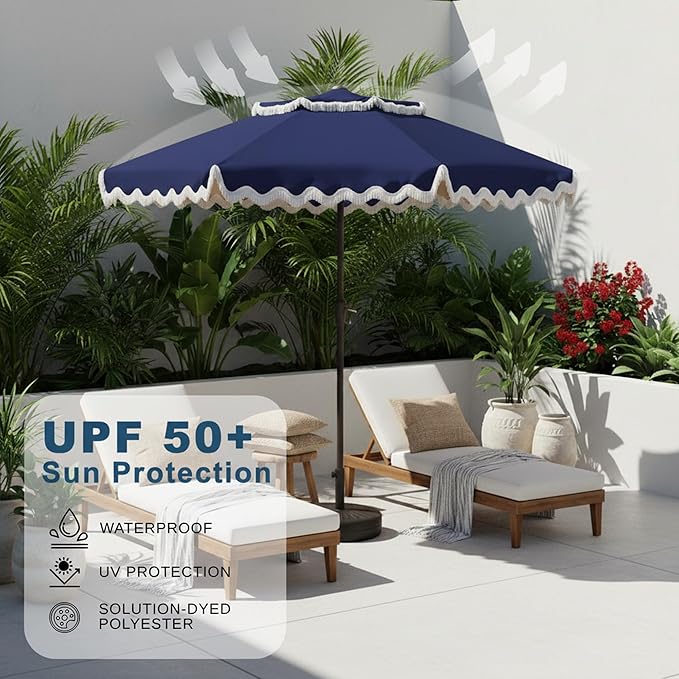 9FT Patio Umbrella with Fringe,Tassel Umbrella with Push-Button Tilt | UPF 50+ & Rust-Resistant Fiberglass Frame for Patio, Pool,Garden,Yard(Navy)