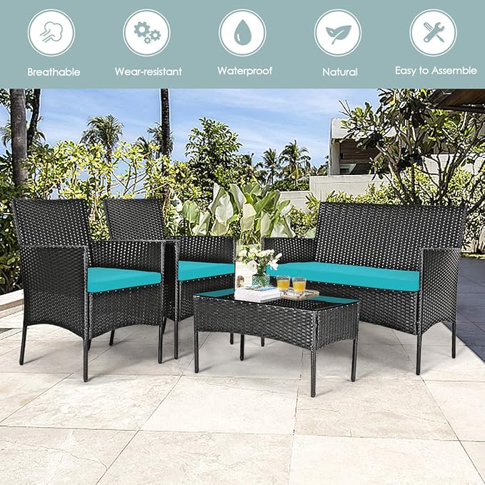 DORTALA 4 Pieces Patio Furniture Set, Rattan Conversation Set with Coffee Table & Cushions, Outdoor Wicker Sofa Set for Poolside, Backyard, Turquoise