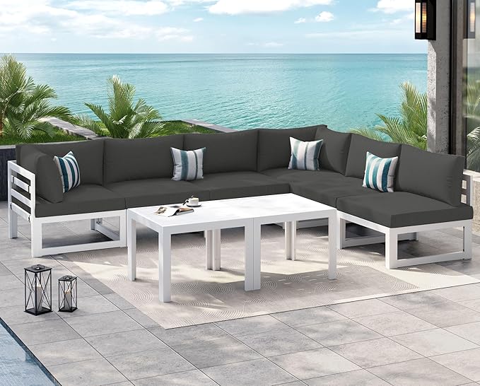 NICESOUL 8 Pcs Large Modern Aluminum Outdoor Sofa, 29" Deep Wide Seated, 500 lbs Durable L Shaped Sectional Set for Heavy People, Water Resistant Modular Patio Furniture Set for Backyard, Dark Gray