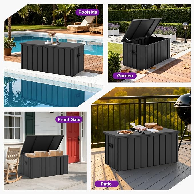 PURPLE LEAF Outdoor Deck Box 100 Gallon Waterproof Lockable Storage Box Container with Lid Deck Organization for Patio Cushions Side Table Pool Accessories Garden Tools, Gray