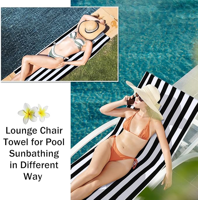 Fumete 2 Pack Lounge Chair Covers 30 x 85 Inch Pool Chaise Lounge Towels Microfiber Beach Chair Towel Portable Striped Outdoor Patio Furniture Cover for Sunbathing Picnic Spa(Black)