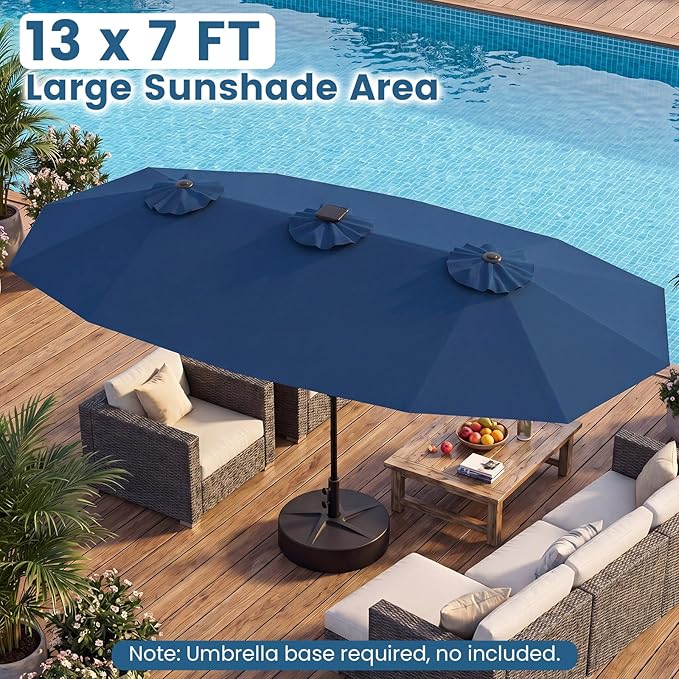 Tangkula 13 Ft Solar Patio Umbrella, Double-Sided Extra Large Outdoor Market Table Umbrella with Multi-Colored Flowing LED Lights, Crank Handle, 12 Sturdy Ribs for Poolside, Garden & Backyard (Navy)