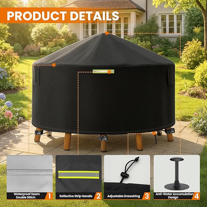 64 Inch Round Patio Furniture Covers with Support Pole, 800D Heavy Duty Waterproof Tear-Resistant Polyester Round Outdoor Table Cover