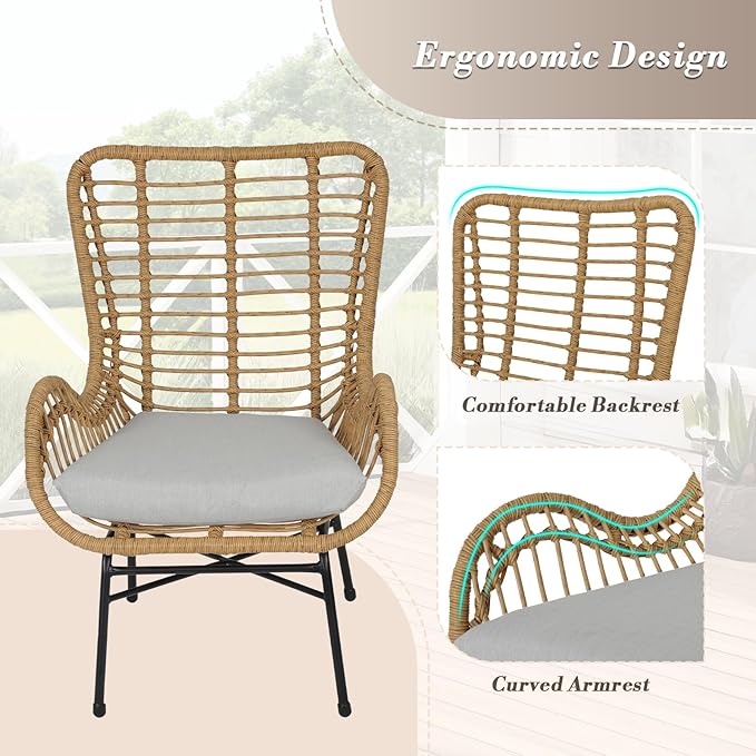 Athena Collection Patio Bistro Sets, 3 Piece All Weather Furniture Set Outdoor Conversation Set Glass Table and Rattan Chairs Set with Soft Cushions for Garden, Poolside, Backyard, Light Gray