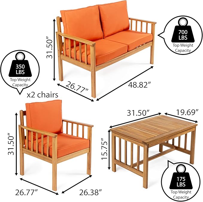 JONATHAN Y LVG1201C-4SET Everly 4-Piece Modern Cottage Acacia Wood Outdoor Patio Set with Cushions and Tropical Decorative Pillows Classic, Coastal, Traditional, Mid-Century, Orange/Teak Brown