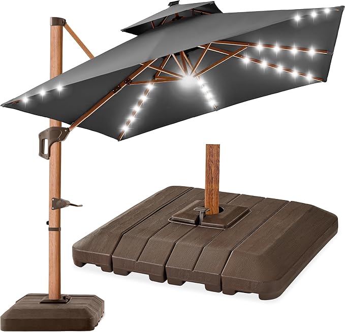 Best Choice Products 10ft Square Cantilever Patio Umbrella w/Base Included, Woodgrain Pattern Pole & Solar LED Lights, 360-Rotation, Offset Hanging Outdoor Shade