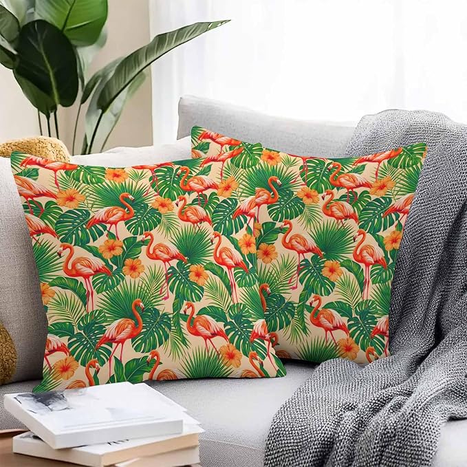 Red Flamingos Outdoor Pillow Covers 26"x26" Set of 2, Jungle Plants Hibiscus Flower Green Leaf Botanical Waterproof Throw Pillow Covers for Patio Furniture, Decorative Cushion Covers for Porch