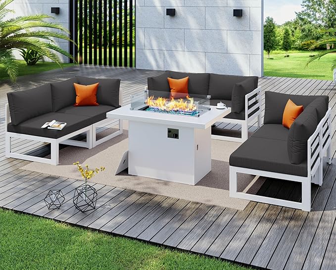 NICESOUL 7 Piece Modern Aluminum Patio Furniture Set with Fire Pit Table, 500 lbs Heavy Duty Outdoor Sectional Sofa, 29" Deep Wide Oversized Seating Conversation Couch for Garden Exterior, Dark Gray