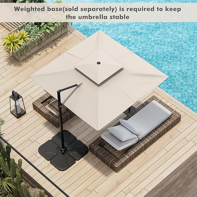 Tangkula 9.5 FT Cantilever Patio Umbrella, Outdoor Square Offset Umbrella with 360° Rotation, Double Top Heavy Duty Patio Hanging Umbrella with Cross Base for Garden Deck Pool Backyard (Beige)