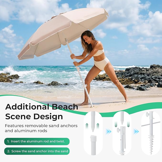 JEAREY 6.5ft Sun Shade Umbrellas, Portable Umbrella with Stand, Lightweight Sun Protection Free Standing Sport Umbrella for Outdoor Sports, Camping, Fishing, Patio, Beach, Beige