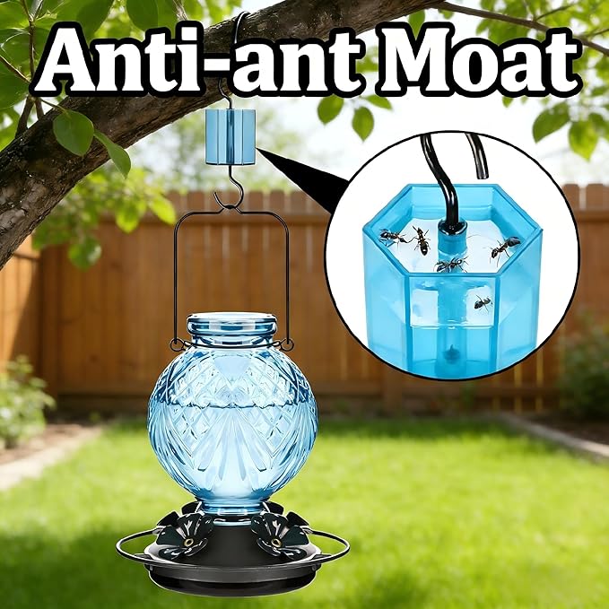 Glass Hummingbird Feeder for Outdoors Hanging, 20oz Bird Nectar Feeder with 4 Bee Guard Flower-Shaped Ports & Built-in Ant Moat, Easy to Clean, for Bird Lover,1 Pack, Blue