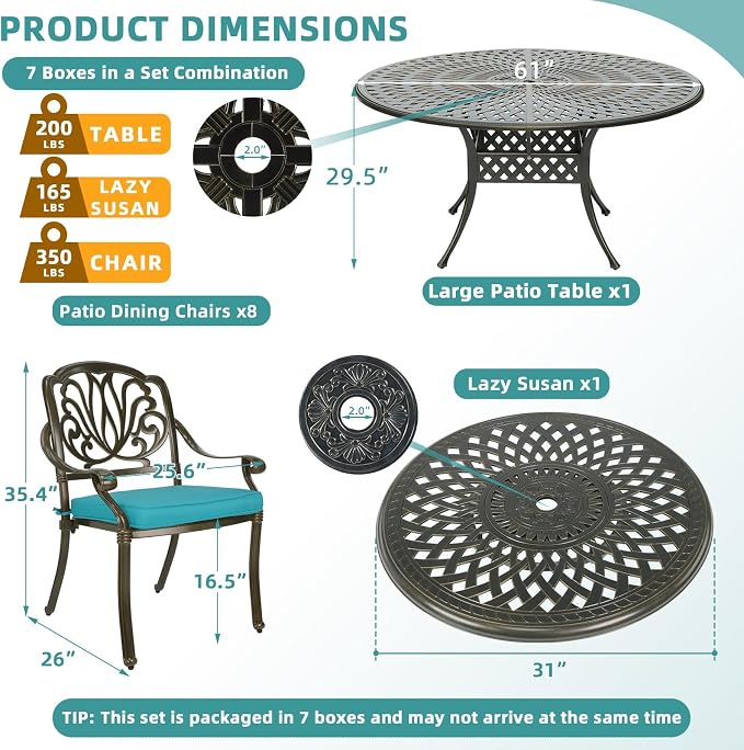 MEETWARM 9-Piece Outdoor Furniture Dining Set, All Weather Cast Aluminum Patio Garden Set- 8 Cushioned Chairs, 61" Round Patio Dining Table with Detachable Lazy Susan, 2" Umbrella Hole, Ocean Blue