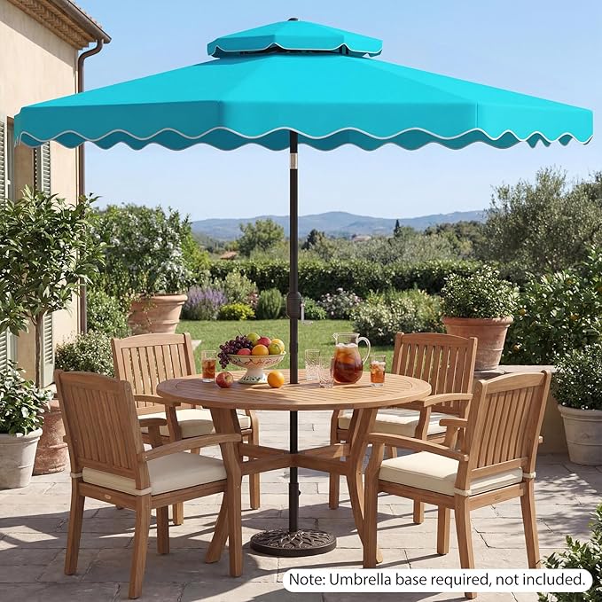 Happygrill 9 FT Patio Umbrella, Scalloped Outdoor Table Market Umbrella with Push Button Tilt & Crank, 2-Tier Vented Top, Heavy-Duty 8 Metal Ribs, Sun-Protective Canopy, Ruffle for Deck Pool Garden (Turquoise)