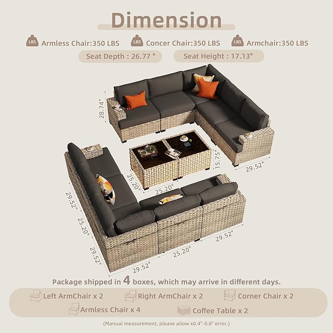 Patio Furniture Sets 12 Pieces Outdoor Sectional Rattan Sofa Manual Weaving Wicker Patio Conversation Set with Ottomans and T Cushion(Black)