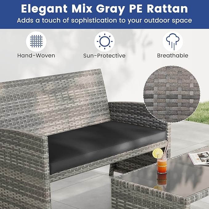 Tangkula 8 Piece Patio Wicker Furniture Set, Outdoor Heavy Duty Rattan Cushioned Chairs, Loveseat and Tempered Glass Coffee Table, for Backyard, Balcony, Poolside