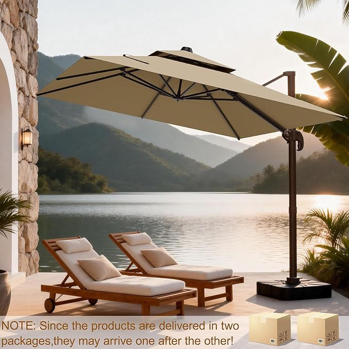 10x10Ft Patio Umbrella Outdoor Cantilever Rectangle Umbrella with Base Included, 6-Level Tilt & 360° Rotation Offset Umbrella for Garden, Deck, Pool(Beige)