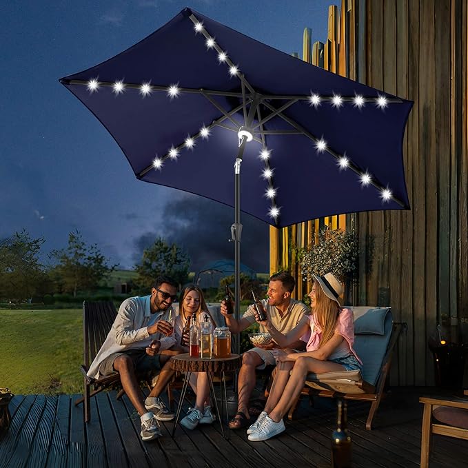 FLAME&SHADE 10ft Solar Outdoor Umbrella - 24 LED Lighted Patio Umbrella with Centre Surround Light, Table Umbrellas with Tilt & Crank for Pool, Porch, Garden, Deck, Backyard UV Protection (Navy Blue)