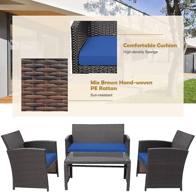 HAPPYGRILL Set of 4 Rattan Conversation Set Outdoor Wicker Furniture Set with Tempered Glass Coffee Table, Soft Cushions, Weather-Resistant Rattan Chair Set for Garden Backyard Poolside