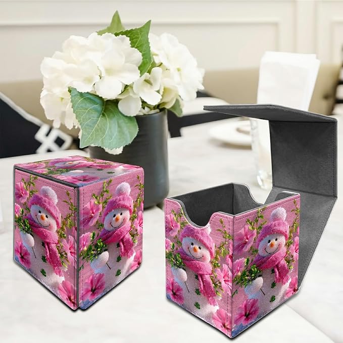 Pink Flower Snowman Card Deck Box for MTG, Personalized Card Storage Case Fits 120+ Sleeved Cards, Premium Leather TCG Box with Strong Magnetic Closure for Magic, CCG, PTCG, Baseball Cards