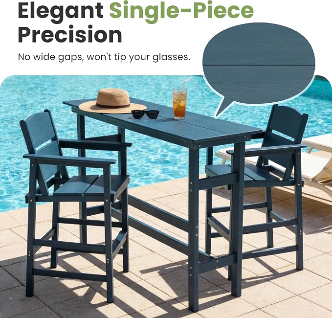 3 Piece Outdoor Bar Table and Chairs Set, HDPE Outdoor Bar Table Set with Aluminum Reinforced Tabletop, All Weather Bar Height Patio Bistro Set for Balcony/Porch/Backyard, Blue