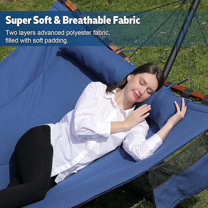 TegerDeger 12FT 2 Person Hammock with Stand Included 55 x 79IN Large Hammock 450LB Capacity with Hardwood Spreader Bar & Nylon Rope for Outside, Patio, Garden, Backyard, Beach - Deep Blue