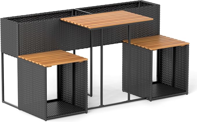 RELAX4LIFE Patio Furniture Set with Raised Garden Bed, Wicker Rattan Elevated Planter Table w/2 Chairs, Slatted Acacia Wood Top & Bottom Storage, Outdoor Conversation Set w/Planter Box for Herb Flower