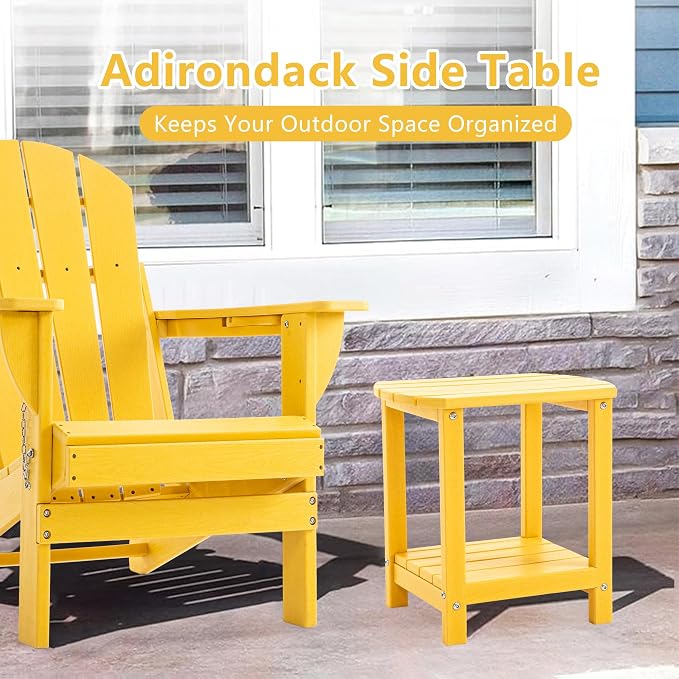 Adirondack Small Outdoor Side Table - Weatherproof HDPE Patio End Table with 2-Tier Storage for Firepit, Balcony, Garden, Poolside or Bathroom (Yellow, Set of 2)