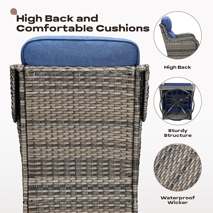 Rilyson Outdoor Swivel Rocker Chairs - All Weather Resistant Wicker Patio Furniture Set of 4 with High Back and 6 inch Thick Cushions for Deck Porch Yard and Poolside, Mixed Grey/Blue