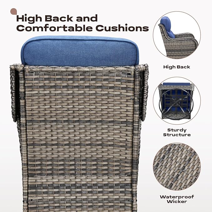 Rilyson Outdoor Swivel Rocker Chairs - All Weather Resistant Wicker Patio Furniture Set of 4 with High Back and 6 inch Thick Cushions for Deck Porch Yard and Poolside, Mixed Grey/Blue