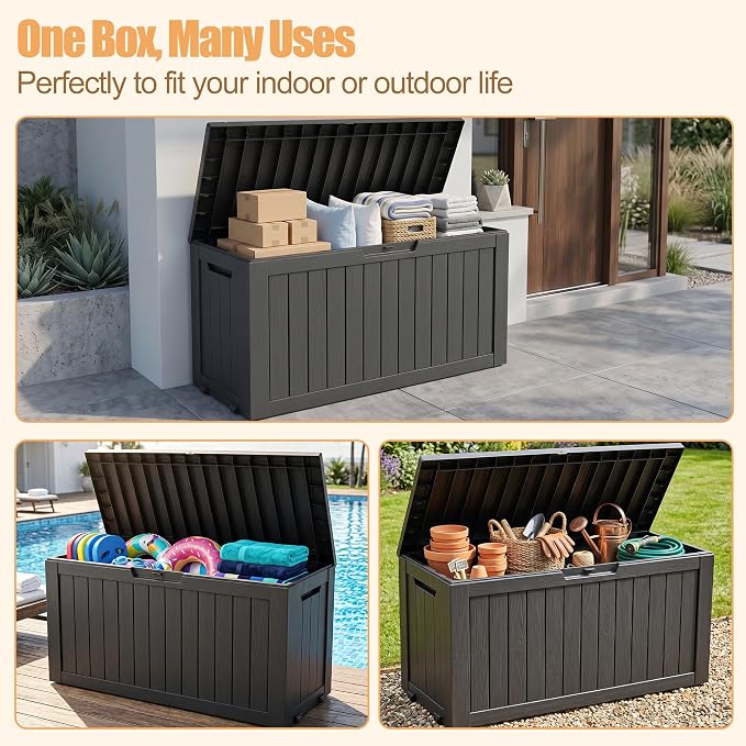 Outdoor Storage Box, 100 Gallon Resin Deck Box, Lockable Indoor Outdoor Waterproof Storage Bins With Bottom Wheels for Patio Cushions, Gardening Tools, Black